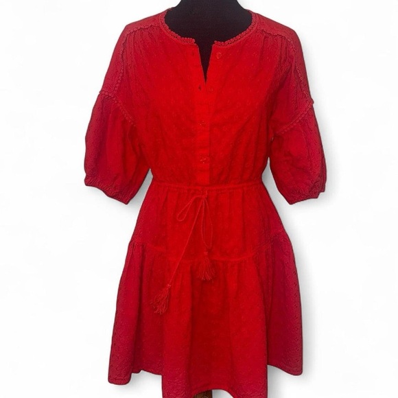 Chelsea & Violet Red Gameday Eyelet Puff Sleeve Button Front mini Dress SZ M - Picture 2 of 11